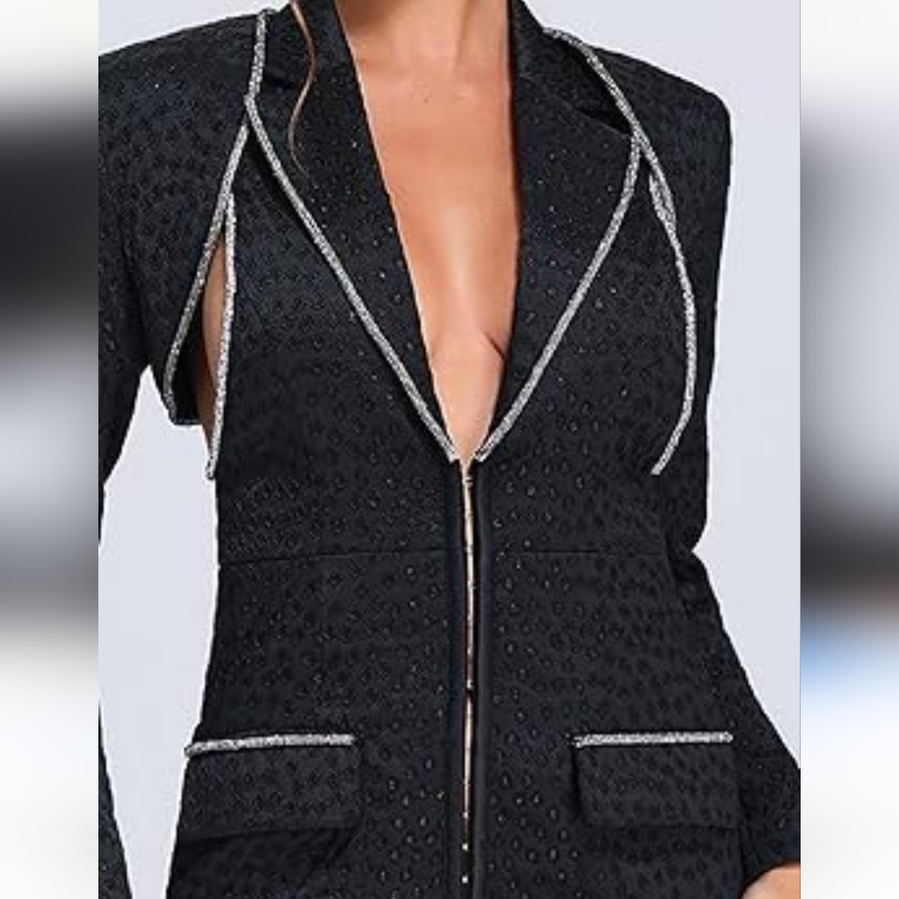 Bella Barnet Blazer Dress V Neck Modern Rhinestone Glam Runway Goth Elegant Sz S